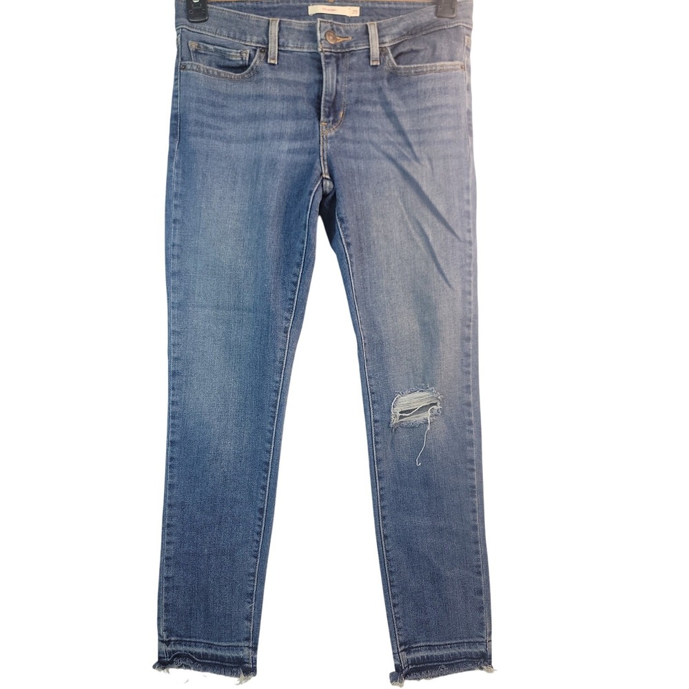 Levis 711 Skinny Jeans Womens 29 Blue Distressed Raw Hem Mid Rise Stretch Denim